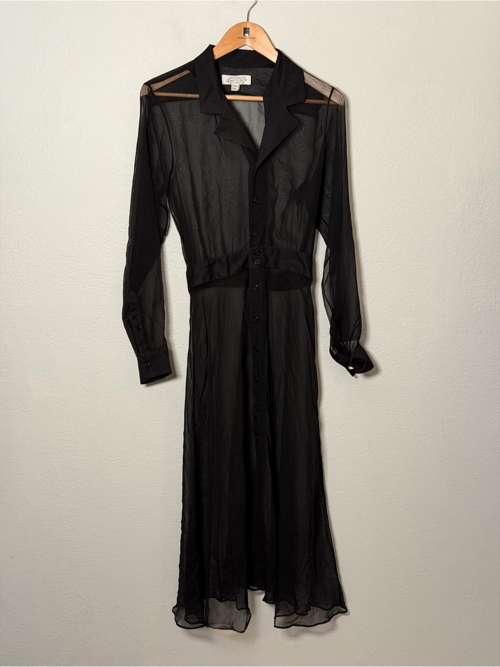 100% silk Semi-Sheer Black Long-Sleeve Button Maxi Dress IGWT Medium